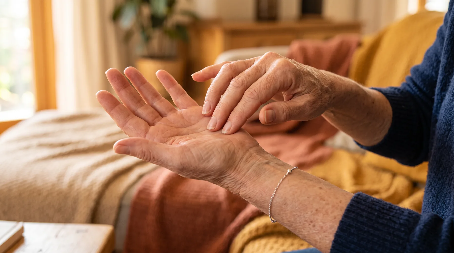 Nahaufnahme: Fingerspitzen klopfen sanft auf die Handkante der anderen Hand – die klassische EFT-Klopftechnik