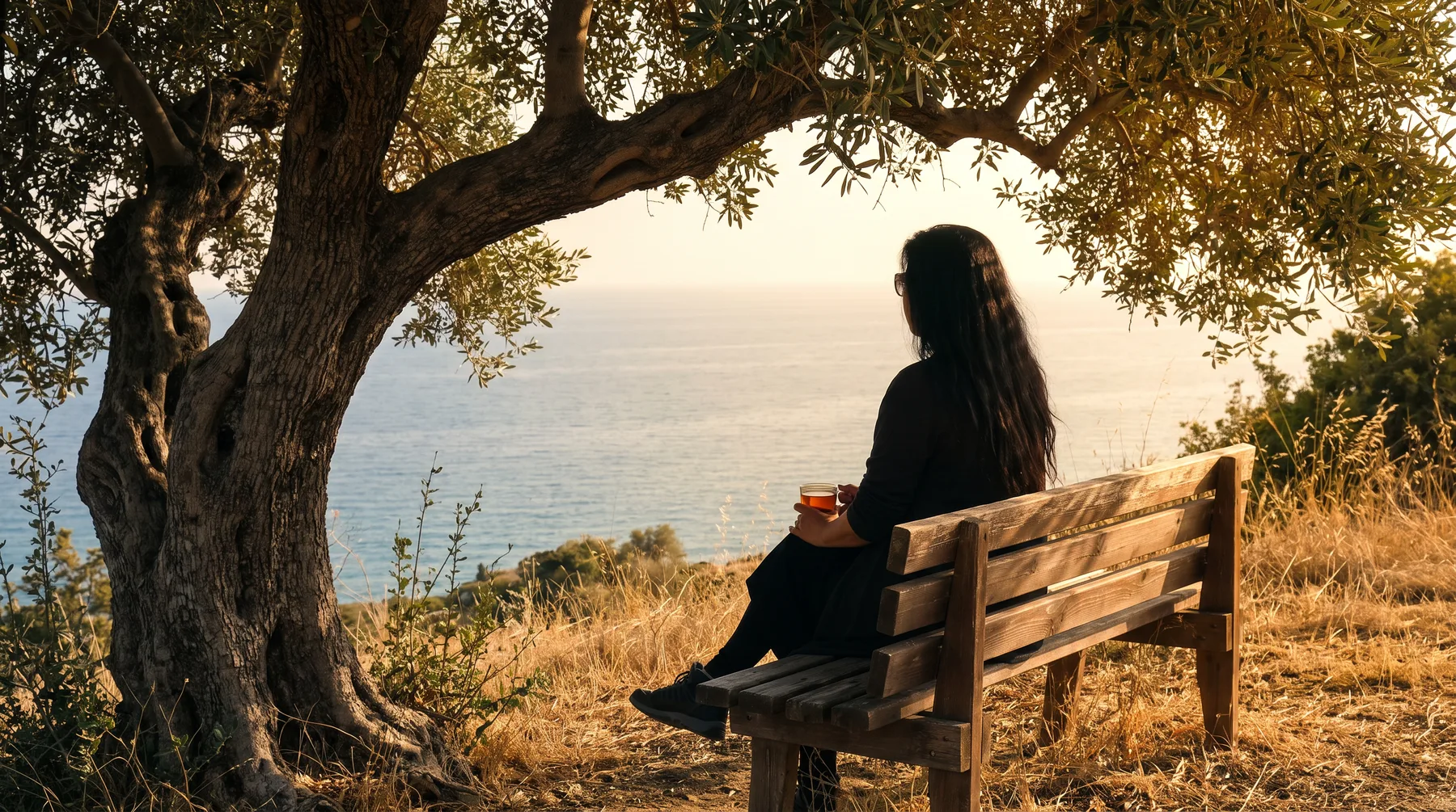 Sabine sitzt mit einer Tasse Tee auf einer Holzbank unter einem alten Olivenbaum und blickt aufs Meer